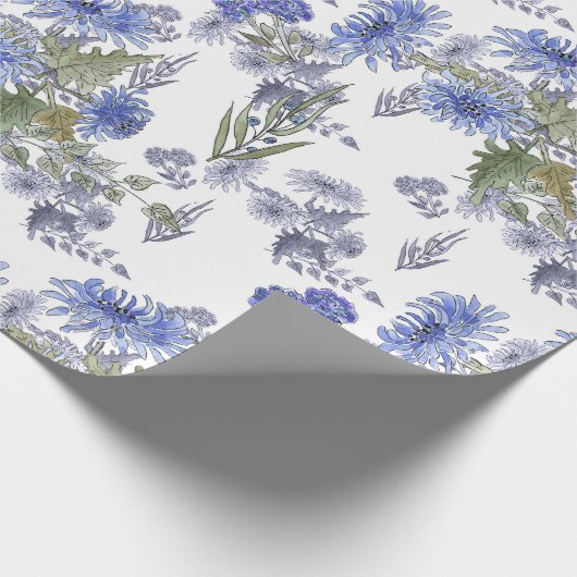 Blauwe chrysanten, waterverf cadeaupapier (Hoek)