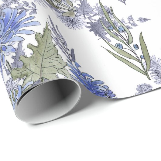 Blauwe chrysanten, waterverf cadeaupapier (Rol Hoek)