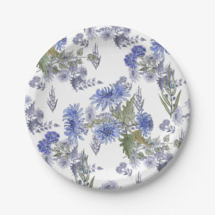 Blauwe chrysanten, waterverf papieren bordje