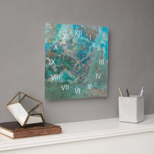 Blauwe Chrysocolla-steen met witte Romeinse cijfer Vierkante Klok