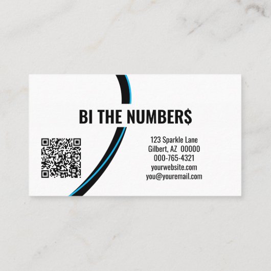 Blauwe cijfers op zwarte aangepaste foto en QR-cod Visitekaartje (Achterkant)