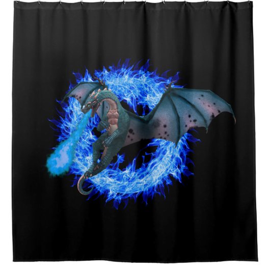 Blauwe cirkel Vlam Draak Ademend Vuur Douchegordijn (Voorkant)