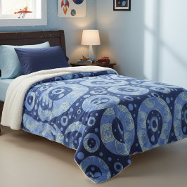 Blauwe Cirkels Met Geometrisch Patroon & Stippen Sherpa Deken