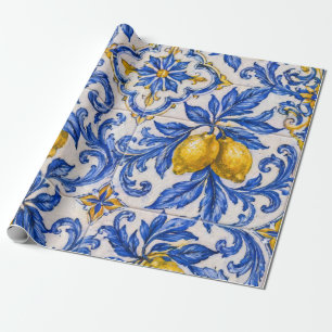 Blauwe Citroen Azulejo-tegel Cadeaupapier