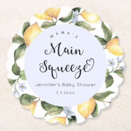 Blauwe citroen mamas hoofd squeeze baby shower kartonnen onderzetters