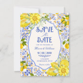 Blauwe citroentegel patroon kunst bruiloft save the date (Voorkant)