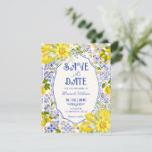 Blauwe citroentegel patroon kunst bruiloft save the date (Staand voorkant)