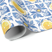 Blauwe Citrus Citroen Mediterraan Patroon Cadeaupapier (Rol Hoek)