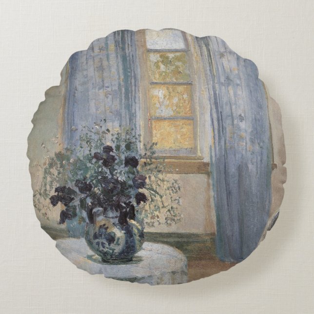 Blauwe Clematis in het atelier van de kunstenaar,  Rond Kussen (Voorkant)