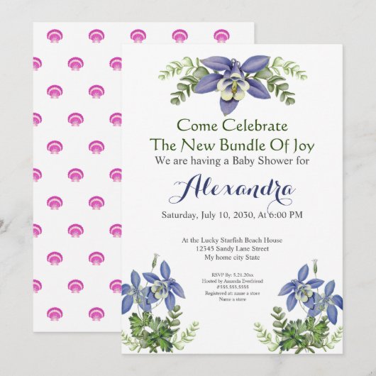 Blauwe columbine Floral Baby Boy Shower (Voorkant / Achterkant)