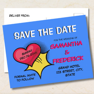Blauwe Comic Save the Date-ansichtkaart Leuke Po Briefkaart