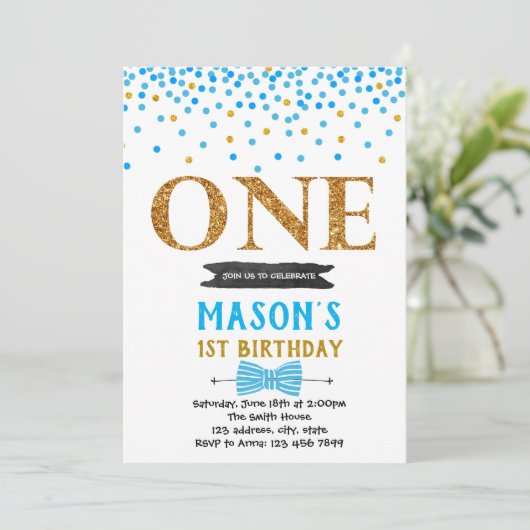 Blauwe confetti eerste verjaardagsuitnodiging kaart (Staand voorkant)