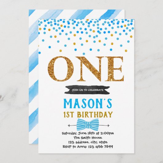 Blauwe confetti eerste verjaardagsuitnodiging kaart (Voorkant / Achterkant)