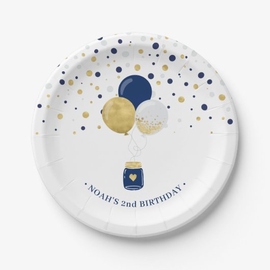 Blauwe Confetti-gouden en marineballonnen 1e verja Papieren Bordje (Voorkant)