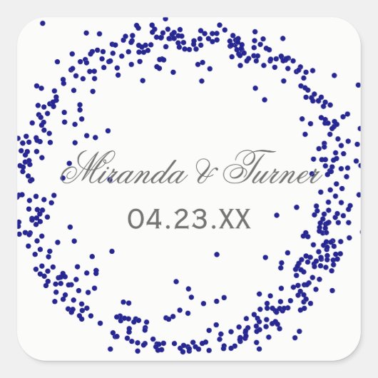 Blauwe Confetti Namen & Datum - Vierkante Sticker (Voorkant)