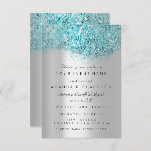 Blauwe Confetti Silver Grey Bridal Sweet 16th Kaart (Voorkant / Achterkant)