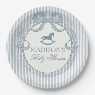 Blauwe Coquette Boog Schommelend Paard Baby Shower Papieren Bordje