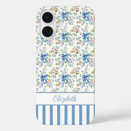 Blauwe Coquette Boogjes Met Gebloemde Monogram  Case-Mate iPhone Case (Achterkant)