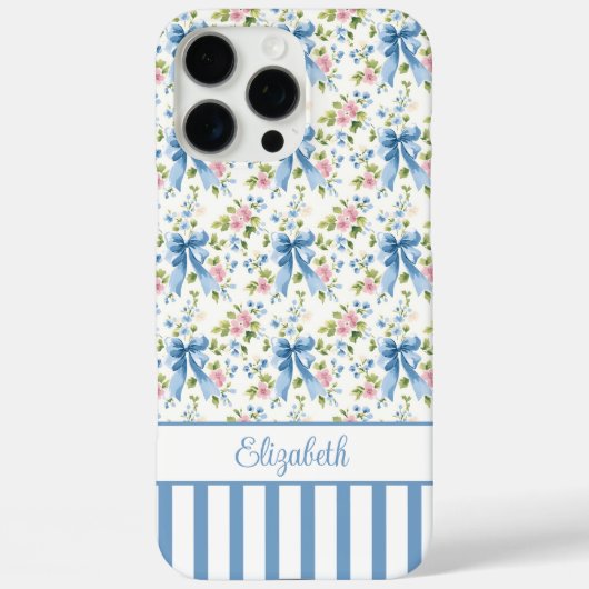 Blauwe Coquette Boogjes Met Gebloemde Monogram Case-Mate iPhone Case (Achterkant)