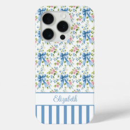 Blauwe Coquette Boogjes Met Gebloemde Monogram iPhone 15 Pro Case