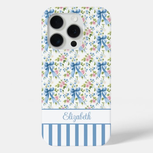 Blauwe Coquette Boogjes Met Gebloemde Monogram Case-Mate iPhone Case (Achterkant)
