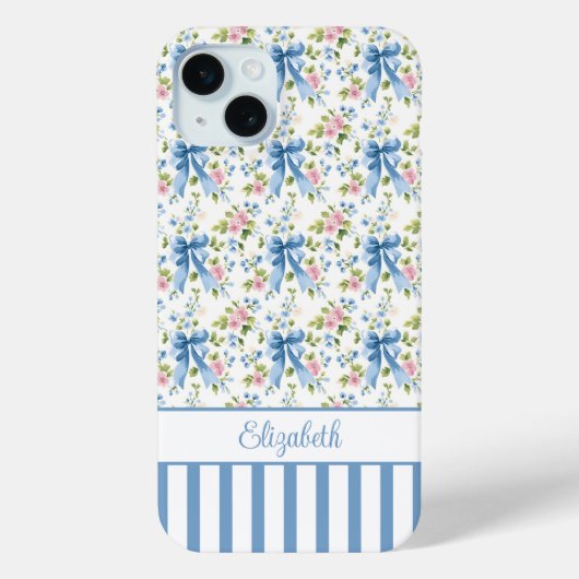 Blauwe Coquette Boogjes Met Gebloemde Monogram Case-Mate iPhone Case (Achterkant)
