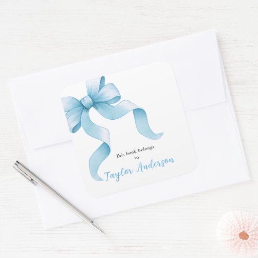 Blauwe Coquette Bow Bookplate Vierkante Sticker (Envelop)