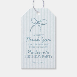 Blauwe Coquette Bow Pastel Gestreepte Verjaardagsg Cadeaulabel