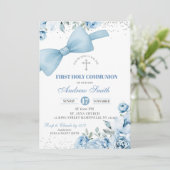 Blauwe Coquette Eerste Heilige Communie Kaart (Staand voorkant)