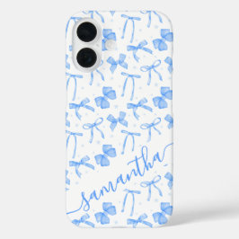 Blauwe Coquette Strik Met Aangepaste Naam  iPhone 16 Hoesje