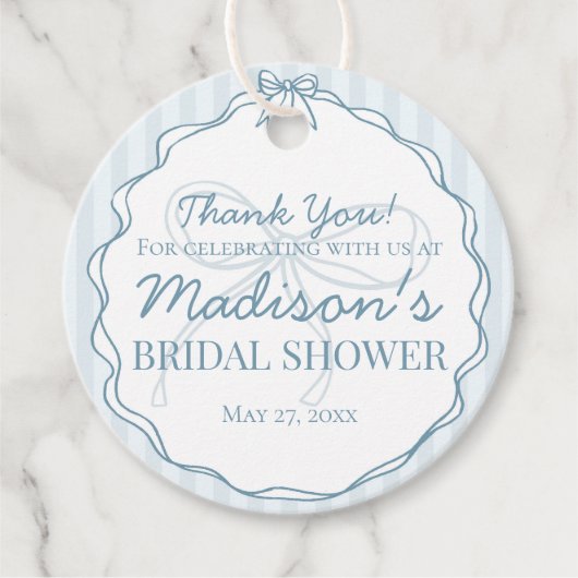 Blauwe Coquette Strik Pastel Gestreepte Bruids Sho Bedankjes Labels (Voorkant)