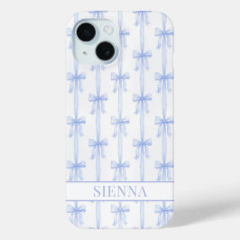 Blauwe Coquette Strikjes Gestreepte Monogram iPhone 15 Case