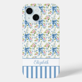 Blauwe Coquette Strikken Met Gebloemde Monogram iPhone 15 Case