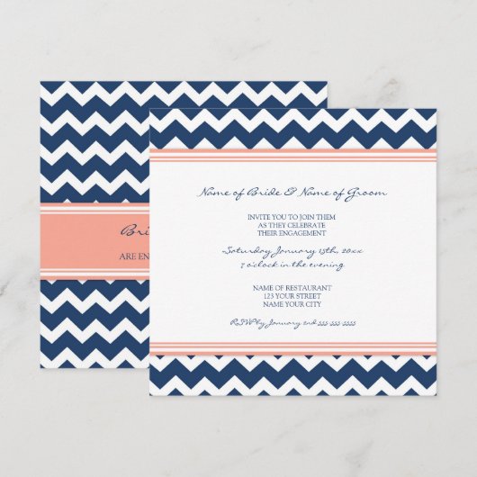 Blauwe Coral Chevron Engagement Party Kaart (Voorkant / Achterkant)