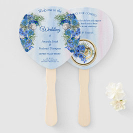 Blauwe Corn Flowers & White Roses bouquets Handwaaier