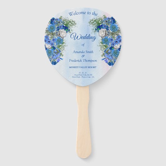 Blauwe Corn Flowers & White Roses bouquets Handwaaier (Voorkant)