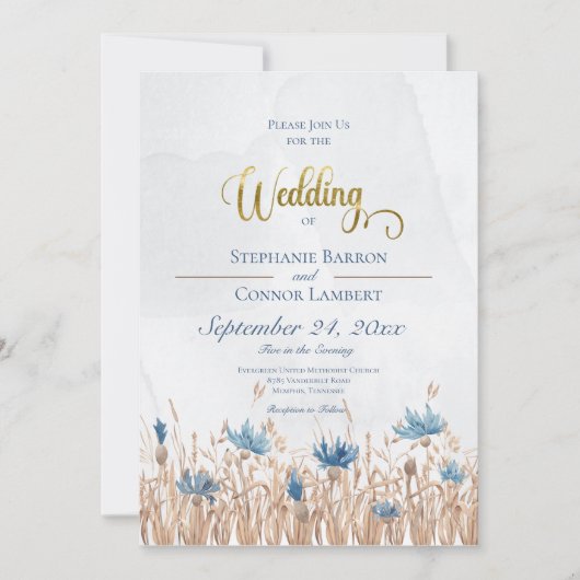 Blauwe Cornbloemen & Tarweveld met blauwe uitnodig Kaart (Voorkant)