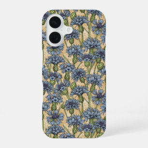 Blauwe cornbloemen, wilde bloemen op honnegeel iPhone 16 hoesje