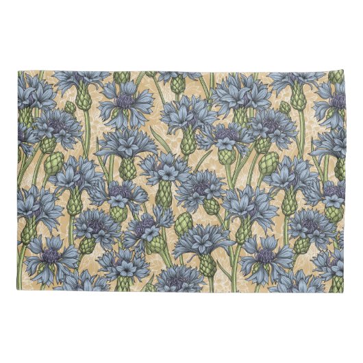 Blauwe cornbloemen, wilde bloemen op honnegeel kussensloop (Achterkant-Links)