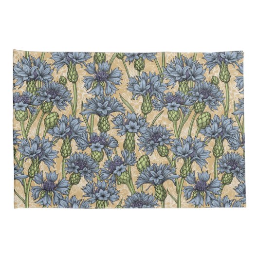 Blauwe cornbloemen, wilde bloemen op honnegeel kussensloop (Achterkant-Rechts)