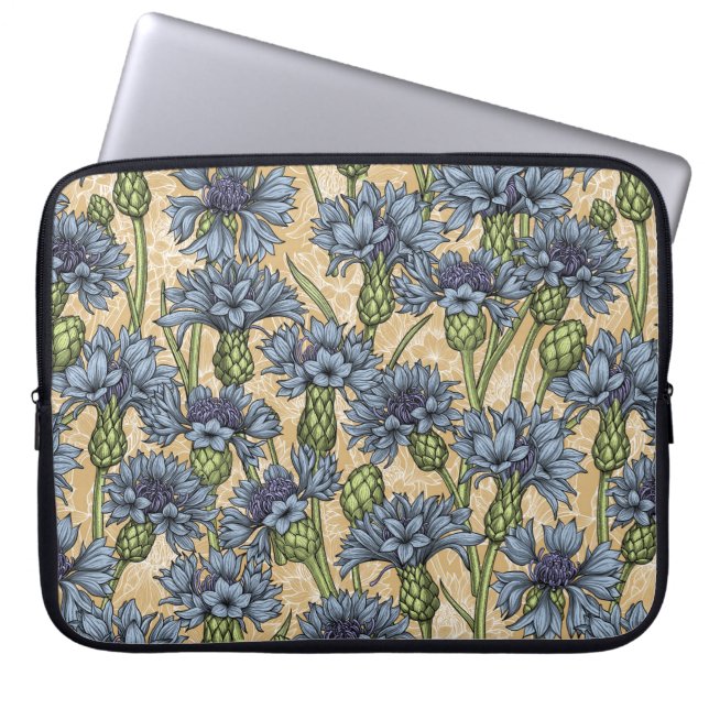Blauwe cornbloemen, wilde bloemen op honnegeel laptop sleeve (Voorkant)