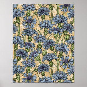 Blauwe cornbloemen, wilde bloemen op honnegeel poster