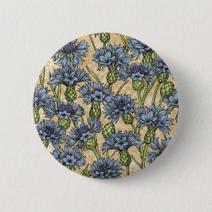 Blauwe cornbloemen, wilde bloemen op honnegeel ronde button 5,7 cm