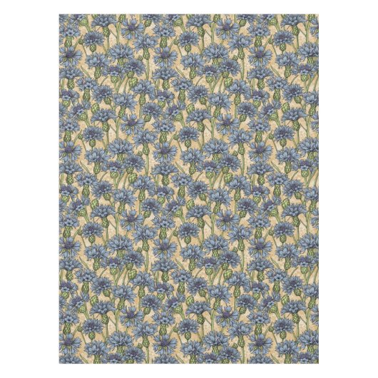 Blauwe cornbloemen, wilde bloemen op honnegeel tafelkleed (Voorkant)