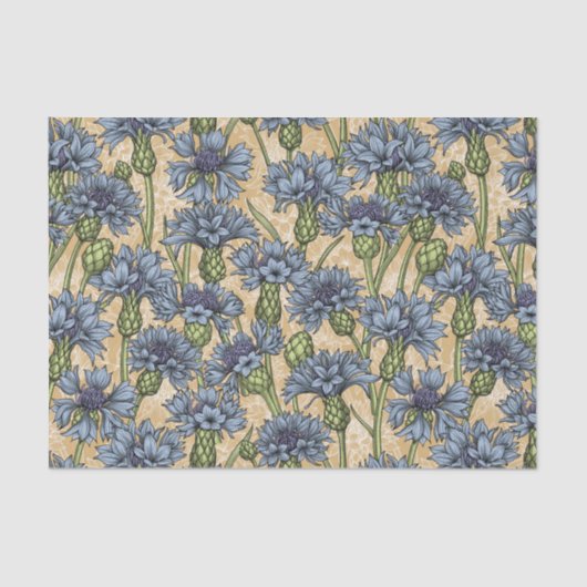 Blauwe cornbloemen, wilde bloemen op honnegeel tissuepapier (Voorkant)