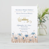 Blauwe Cornflowers & Wheat Field Cream Wedding Kaart (Staand voorkant)
