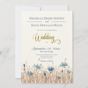 Blauwe Cornflowers & Wheat Field Cream Wedding Kaart