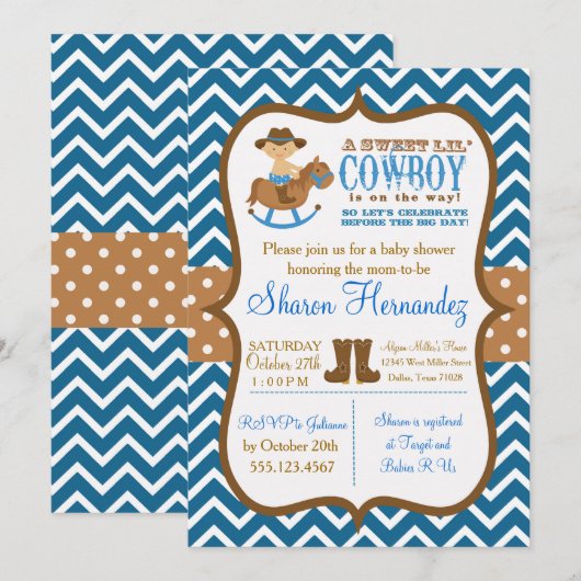 Blauwe Cowboy Baby Boy Douche Uitnodiging Chevron (Voorkant / Achterkant)