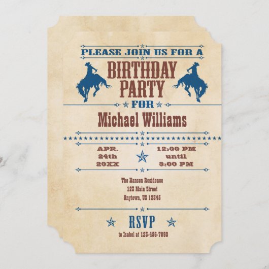Blauwe  Cowboy Birthday Uitnodiging (Voorkant / Achterkant)