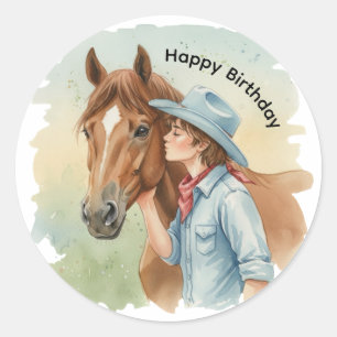 Blauwe Cowboy die een Paard kust Verjaardagsfeestj Ronde Sticker